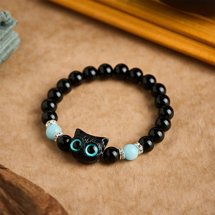 Buddha Stones White Jade Black Obsidian Cute Cat Head Purity Beaded Bracelet - image 13