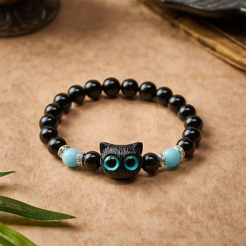 Buddha Stones White Jade Black Obsidian Cute Cat Head Purity Beaded Bracelet - image 18