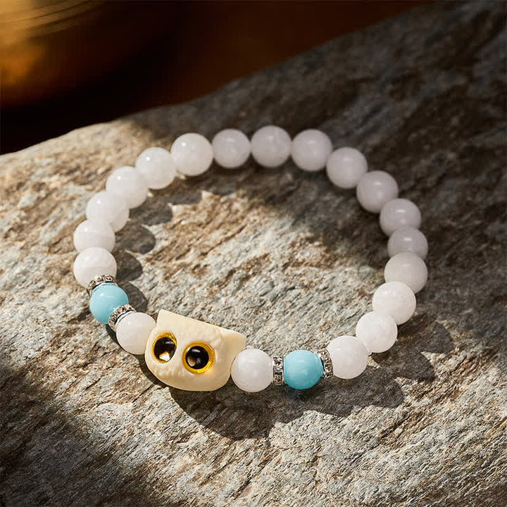 Buddha Stones Black Obsidian White Chalcedony Big-Eye Cat Head Purity Bead Bracelet - image 7