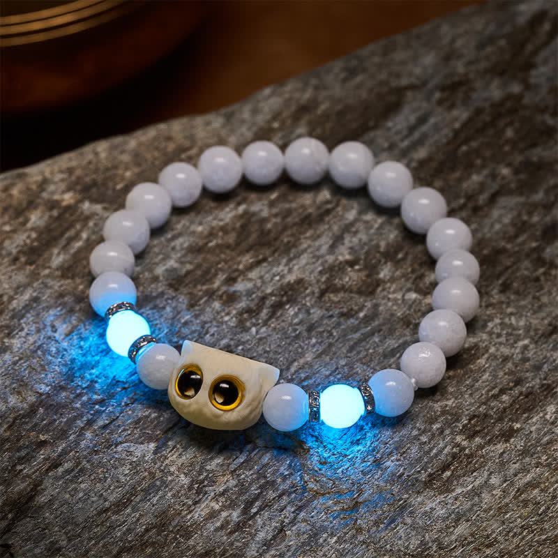 Buddha Stones Black Obsidian White Chalcedony Big-Eye Cat Head Purity Bead Bracelet - image 3