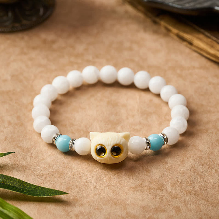 Buddha Stones Black Obsidian White Chalcedony Big-Eye Cat Head Purity Bead Bracelet - image 3
