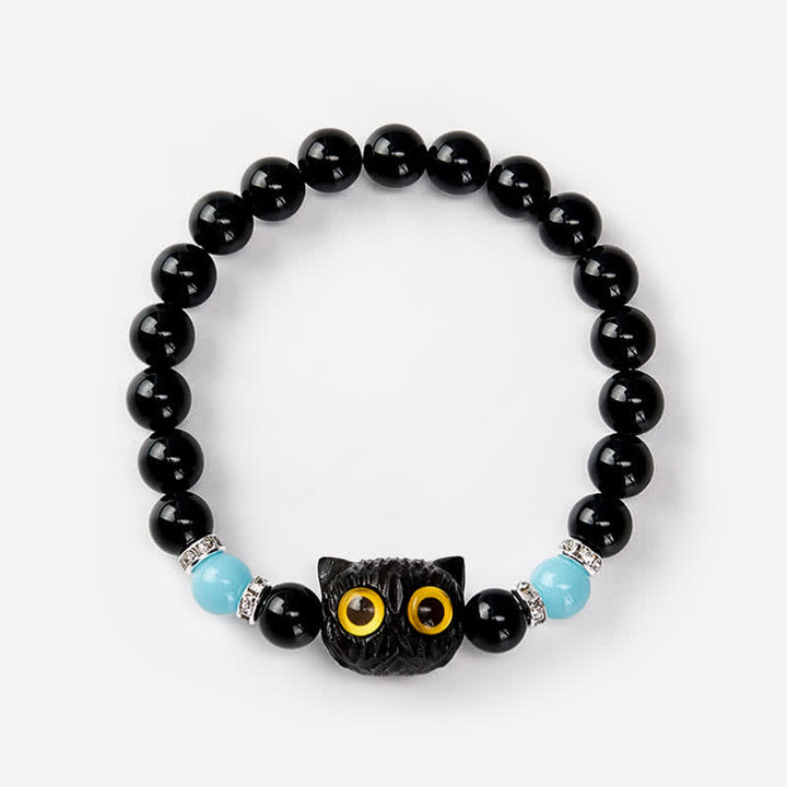 Buddha Stones Black Obsidian White Chalcedony Big-Eye Cat Head Purity Bead Bracelet - image 16