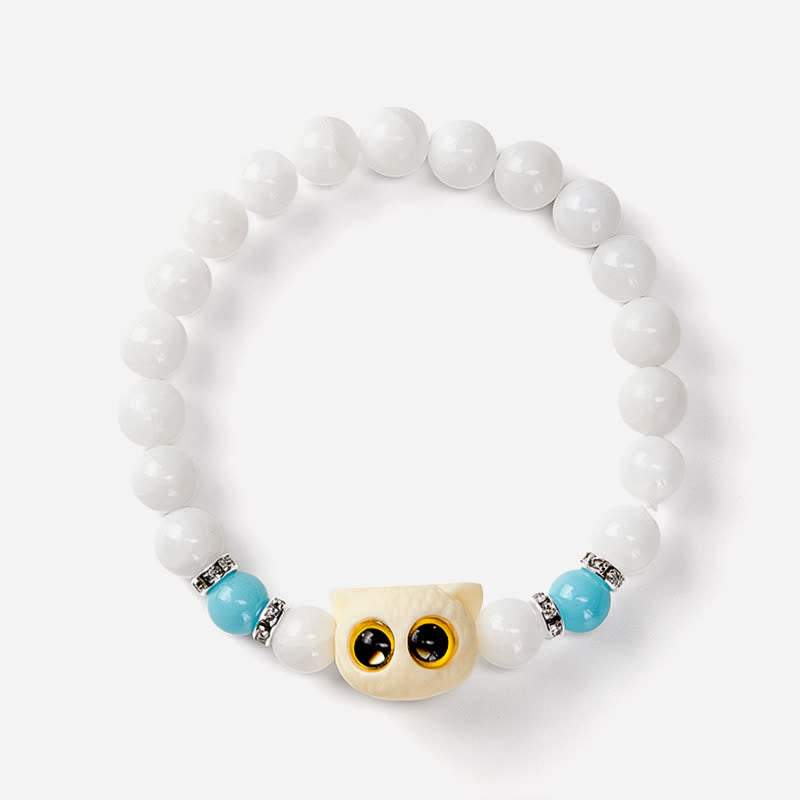 Buddha Stones Black Obsidian White Chalcedony Big-Eye Cat Head Purity Bead Bracelet - image 8
