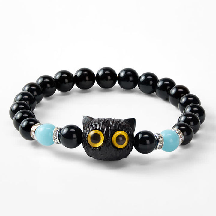 Buddha Stones Black Obsidian White Chalcedony Big-Eye Cat Head Purity Bead Bracelet - image 22