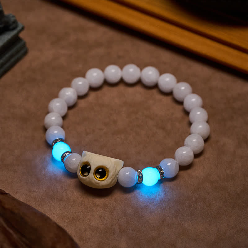 Buddha Stones Black Obsidian White Chalcedony Big-Eye Cat Head Purity Bead Bracelet - image 7