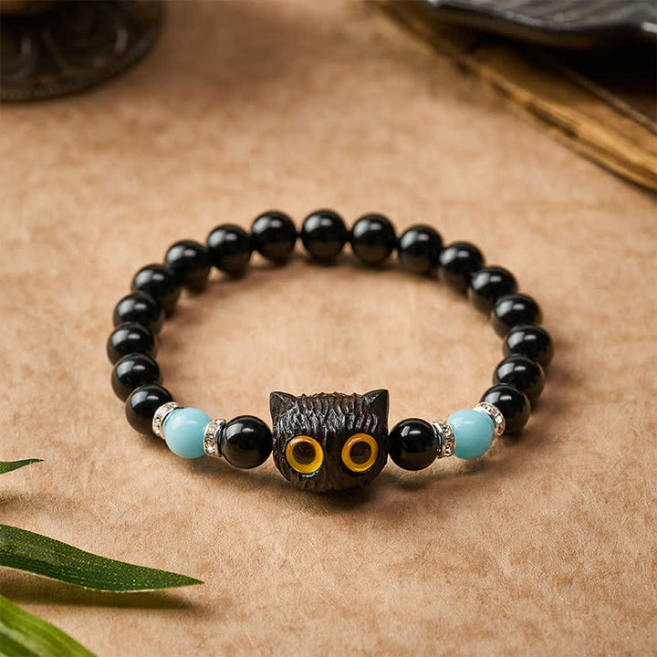 Buddha Stones Black Obsidian White Chalcedony Big-Eye Cat Head Purity Bead Bracelet - image 22