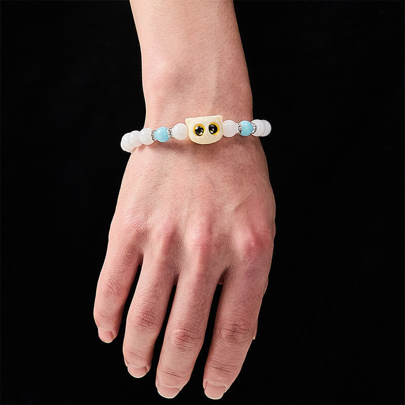 Buddha Stones Black Obsidian White Chalcedony Big-Eye Cat Head Purity Bead Bracelet - image 5