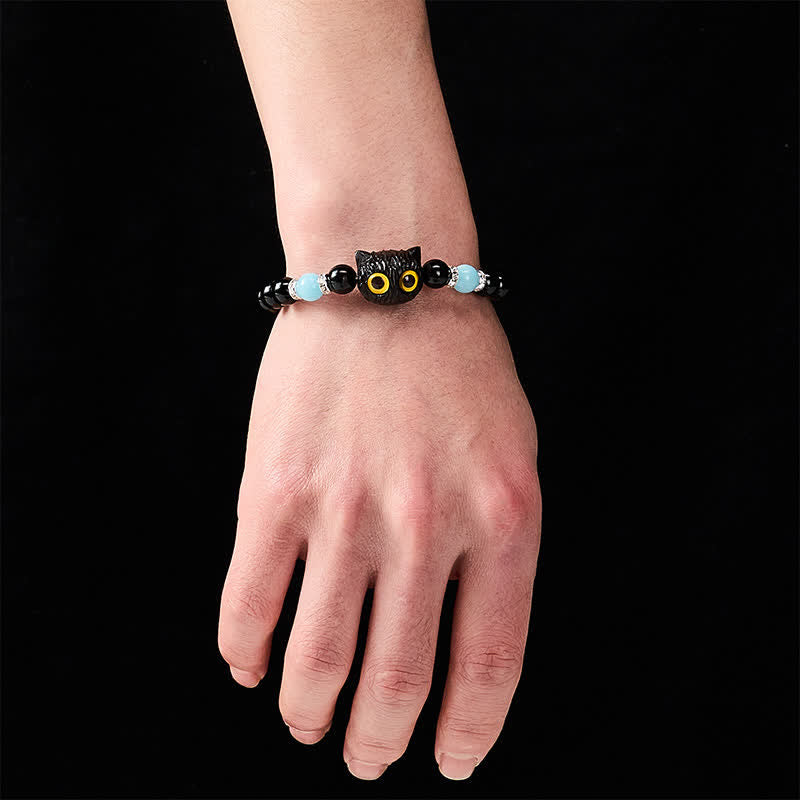 Buddha Stones Black Obsidian White Chalcedony Big-Eye Cat Head Purity Bead Bracelet - image 18