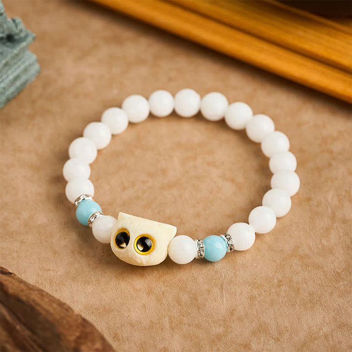 Buddha Stones Black Obsidian White Chalcedony Big-Eye Cat Head Purity Bead Bracelet - image 1