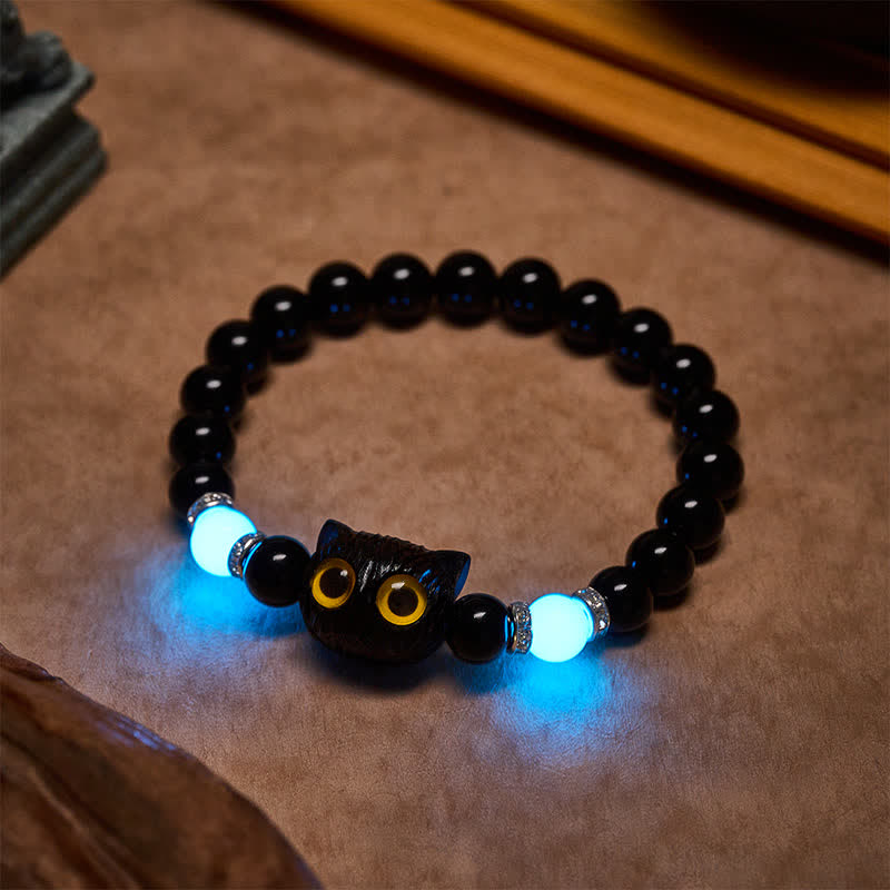 Buddha Stones Black Obsidian White Chalcedony Big-Eye Cat Head Purity Bead Bracelet - image 17