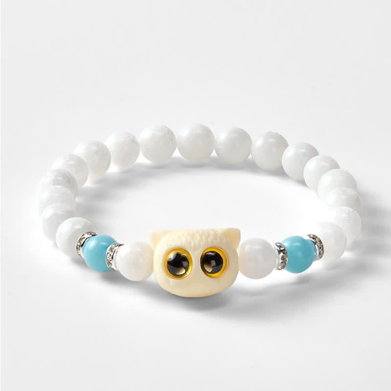 Buddha Stones Black Obsidian White Chalcedony Big-Eye Cat Head Purity Bead Bracelet - image 10