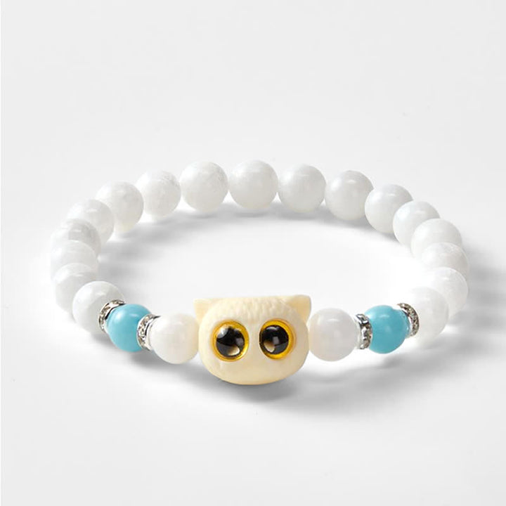 Buddha Stones Black Obsidian White Chalcedony Big-Eye Cat Head Purity Bead Bracelet - image 10