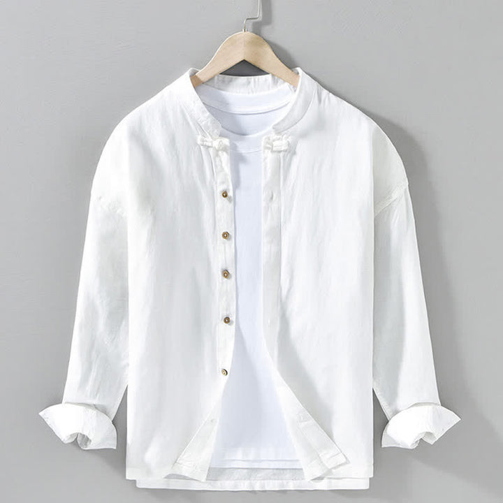 Buddha Stones Fall Casual Tang Style Mandarin Collar Solid Men's Long Sleeve Shirts - White - US/UK/AU42，EU52 (3XL) - image 16