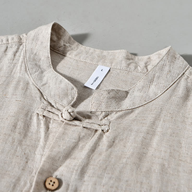 Buddha Stones Fall Casual Tang Style Mandarin Collar Solid Men's Long Sleeve Shirts - image 11