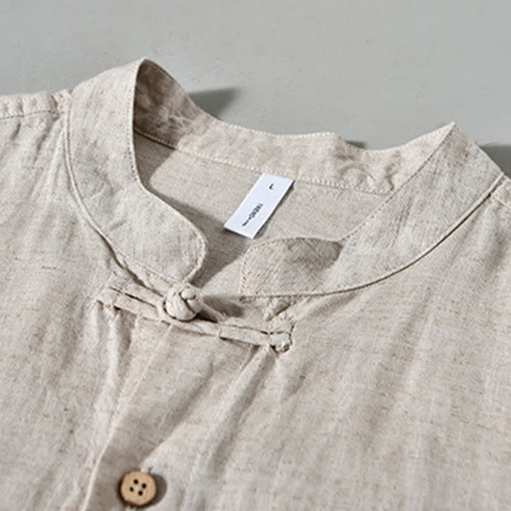 Buddha Stones Fall Casual Tang Style Mandarin Collar Solid Men's Long Sleeve Shirts - image 11