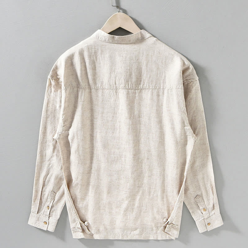 Buddha Stones Fall Casual Tang Style Mandarin Collar Solid Men's Long Sleeve Shirts - image 10