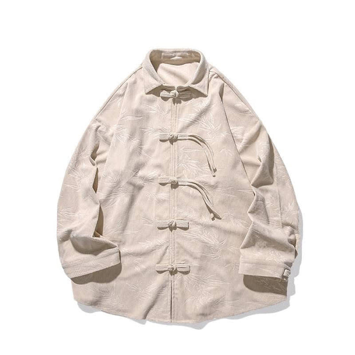 Buddha Stones Fall Winter Tang Style Frog Button Bamboo Print Corduroy Men's Long Sleeve Shirts - image 42