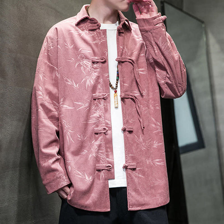 Buddha Stones Fall Winter Tang Style Frog Button Bamboo Print Corduroy Men's Long Sleeve Shirts - image 14