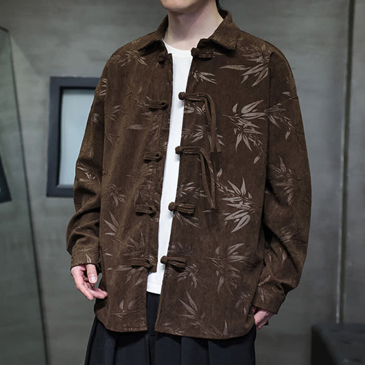 Buddha Stones Fall Winter Tang Style Frog Button Bamboo Print Corduroy Men's Long Sleeve Shirts - image 27