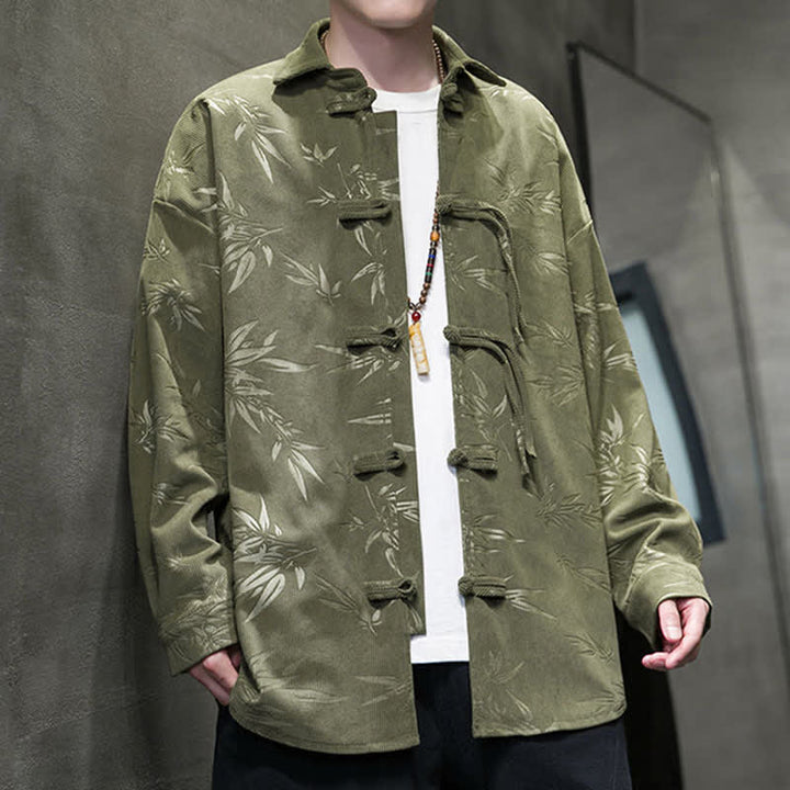 Buddha Stones Fall Winter Tang Style Frog Button Bamboo Print Corduroy Men's Long Sleeve Shirts - image 7