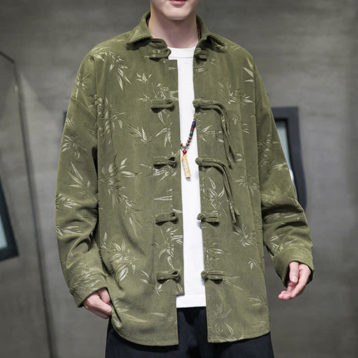 Buddha Stones Fall Winter Tang Style Frog Button Bamboo Print Corduroy Men's Long Sleeve Shirts - image 5