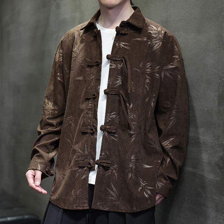 Buddha Stones Fall Winter Tang Style Frog Button Bamboo Print Corduroy Men's Long Sleeve Shirts - image 29