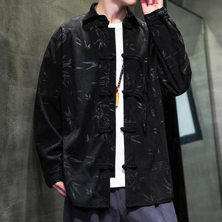 Buddha Stones Fall Winter Tang Style Frog Button Bamboo Print Corduroy Men's Long Sleeve Shirts - image 18