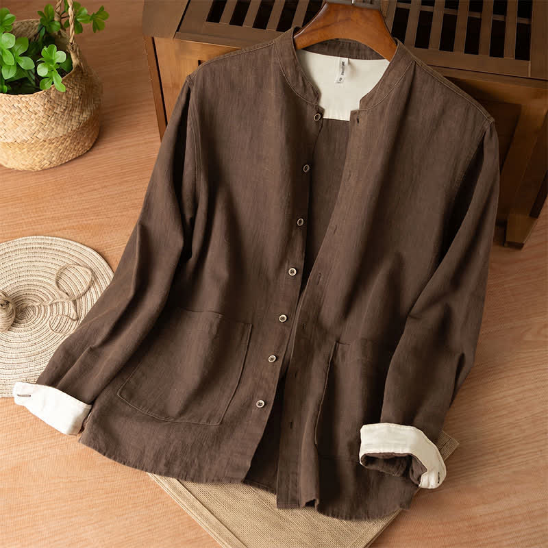Buddha Stones Fall Casual Tang Style Mandarin Collar Solid Linen Men's Long Sleeve Shirts With Pockets - SaddleBrown - US/UK/AU44，EU54 (4XL) - image 0