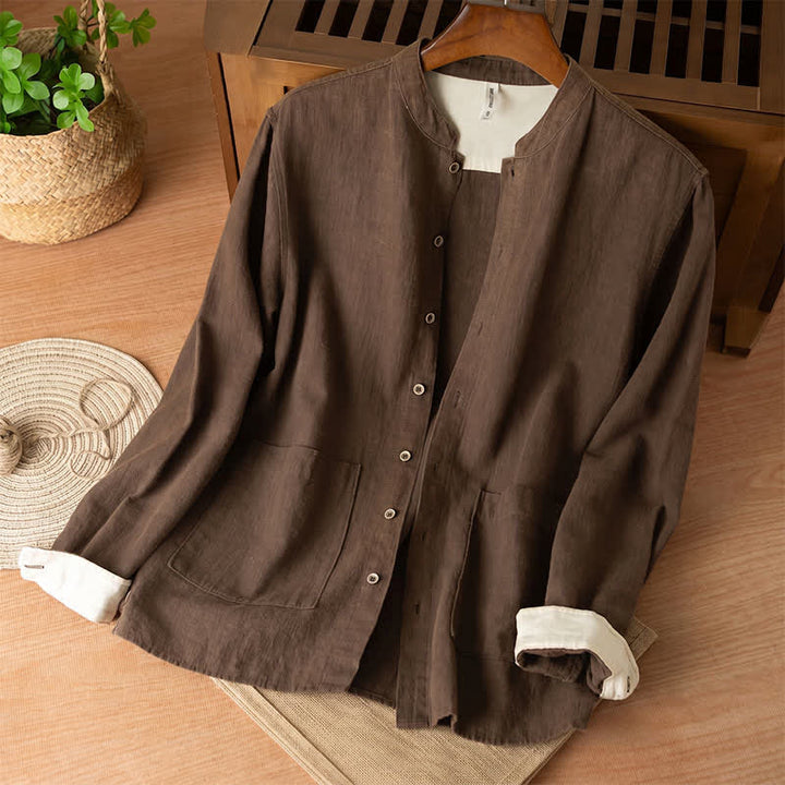 Buddha Stones Fall Casual Tang Style Mandarin Collar Solid Linen Men's Long Sleeve Shirts With Pockets - SaddleBrown - US/UK/AU44，EU54 (4XL) - image 0