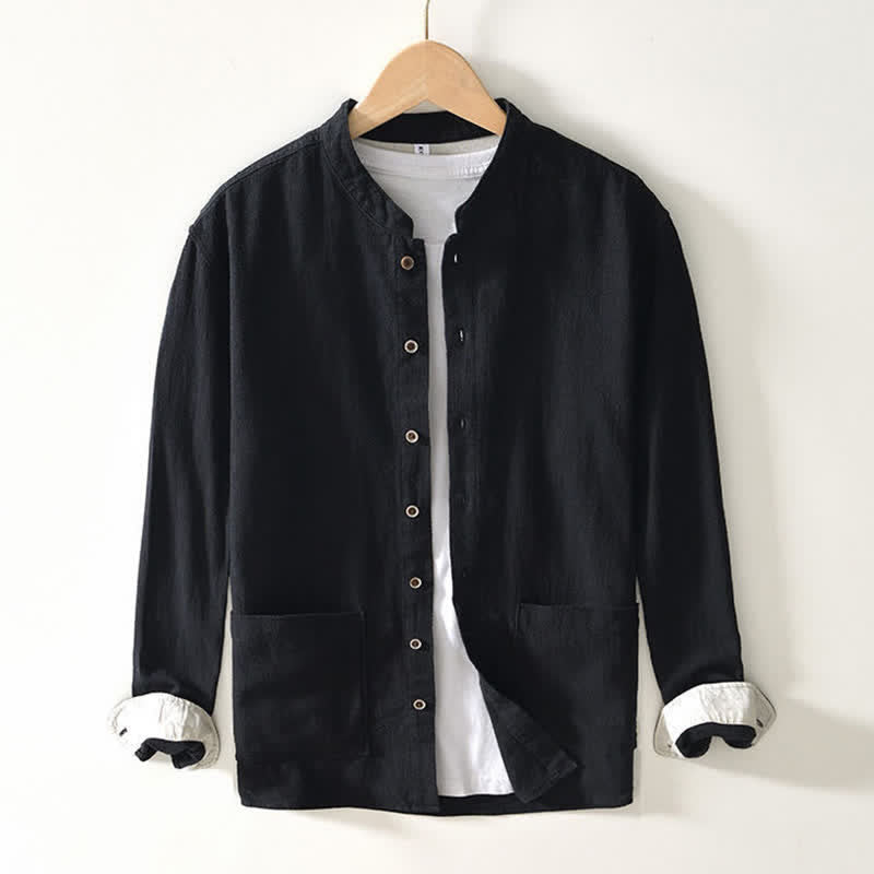 Buddha Stones Fall Casual Tang Style Mandarin Collar Solid Linen Men's Long Sleeve Shirts With Pockets - image 8