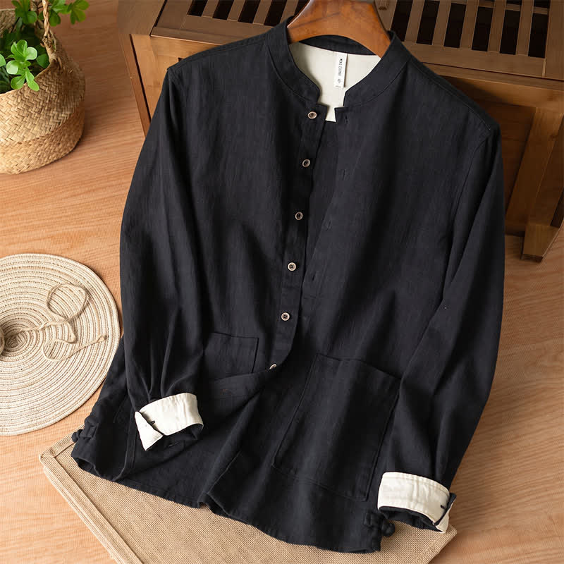 Buddha Stones Fall Casual Tang Style Mandarin Collar Solid Linen Men's Long Sleeve Shirts With Pockets - Black - US/UK/AU44，EU54 (4XL) - image 7