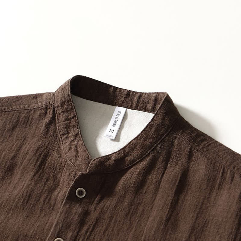 Buddha Stones Fall Casual Tang Style Mandarin Collar Solid Linen Men's Long Sleeve Shirts With Pockets - image 3