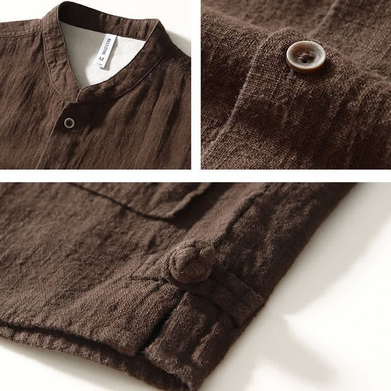 Buddha Stones Fall Casual Tang Style Mandarin Collar Solid Linen Men's Long Sleeve Shirts With Pockets - image 2