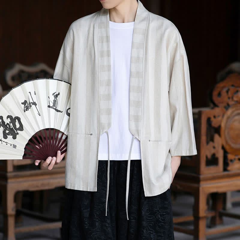 Buddha Stones Spring Summer Casual Tang Style Drawstring Solid Cotton Linen Three-Quarter Sleeve Men's Kimono With Pocket - image 5