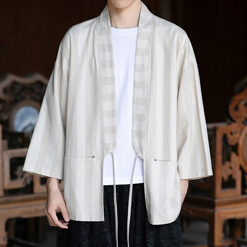 Buddha Stones Spring Summer Casual Tang Style Drawstring Solid Cotton Linen Three-Quarter Sleeve Men's Kimono With Pocket - Beige - US/UK/AU46，EU56 (5XL) - image 0
