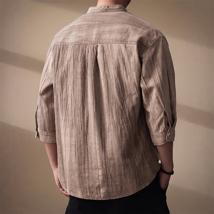 Buddha Stones Spring Summer Casual Mandarin Collar Solid Cotton Men's Long Sleeve Shirts With Patch Pocket - image 3