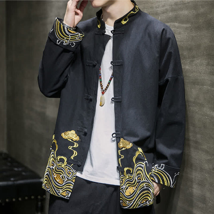 Buddha Stones Fall Winter Tang Style Vintage Frog Button Embroidery Clouds Pattern Cotton Men's Jacket - image 16