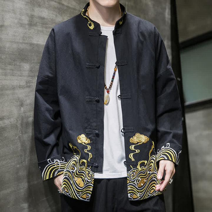 Buddha Stones Fall Winter Tang Style Vintage Frog Button Embroidery Clouds Pattern Cotton Men's Jacket - image 10