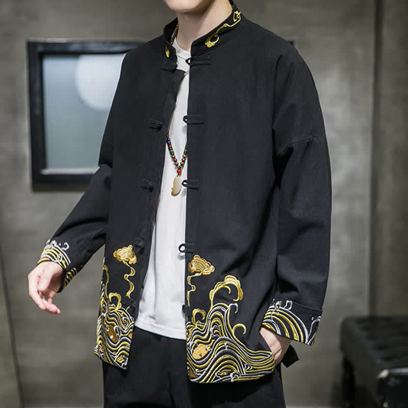 Buddha Stones Fall Winter Tang Style Vintage Frog Button Embroidery Clouds Pattern Cotton Men's Jacket - image 17