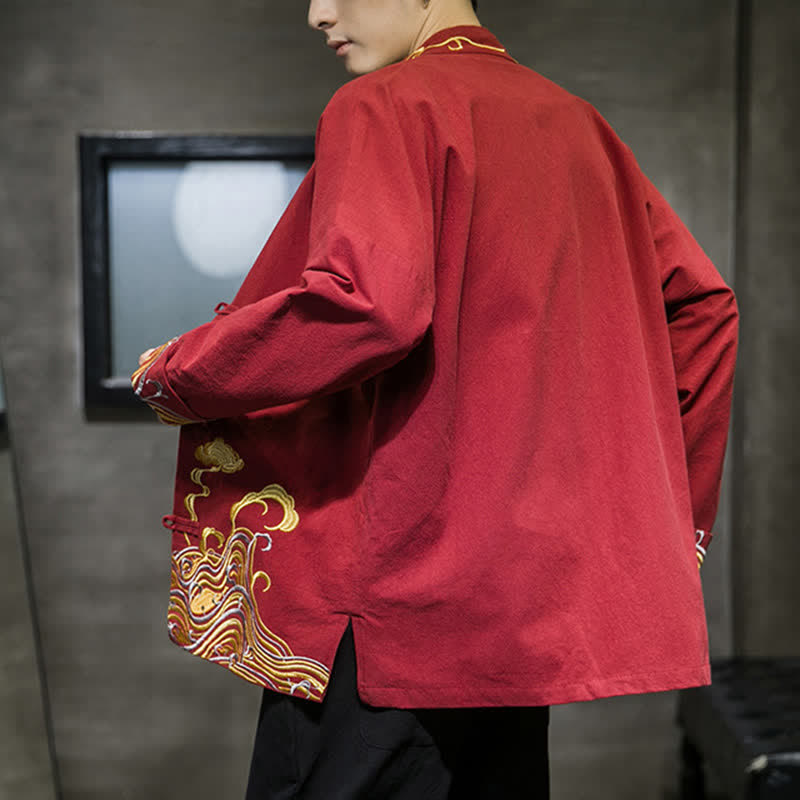 Buddha Stones Fall Winter Tang Style Vintage Frog Button Embroidery Clouds Pattern Cotton Men's Jacket - image 3