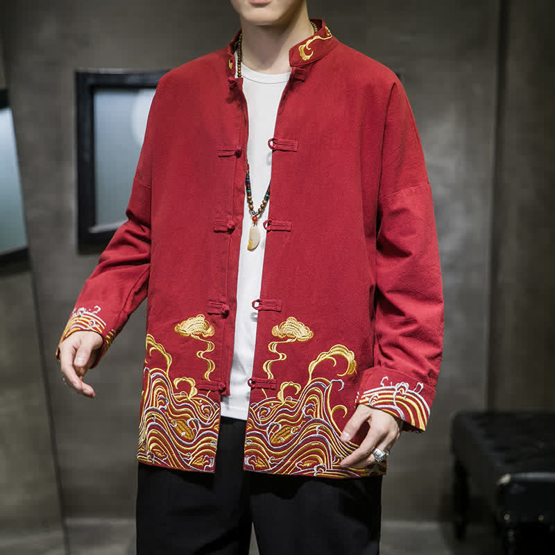 Buddha Stones Fall Winter Tang Style Vintage Frog Button Embroidery Clouds Pattern Cotton Men's Jacket - FireBrick - US/UK/AU46，EU56 (5XL) - image 0