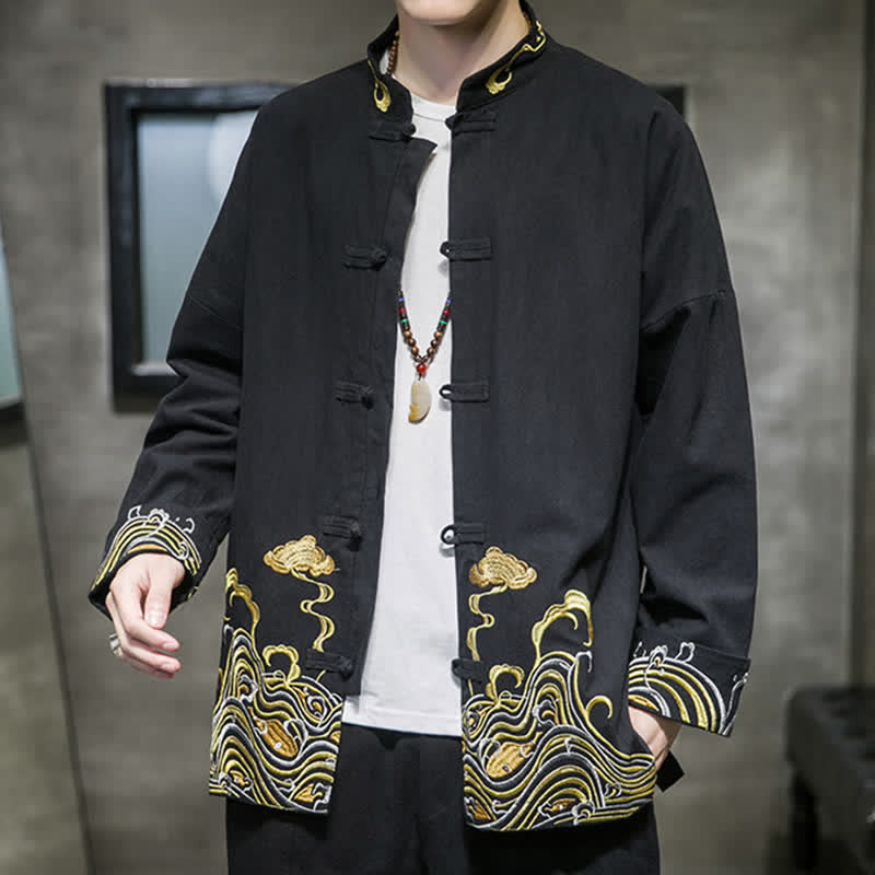 Buddha Stones Fall Winter Tang Style Vintage Frog Button Embroidery Clouds Pattern Cotton Men's Jacket - image 18