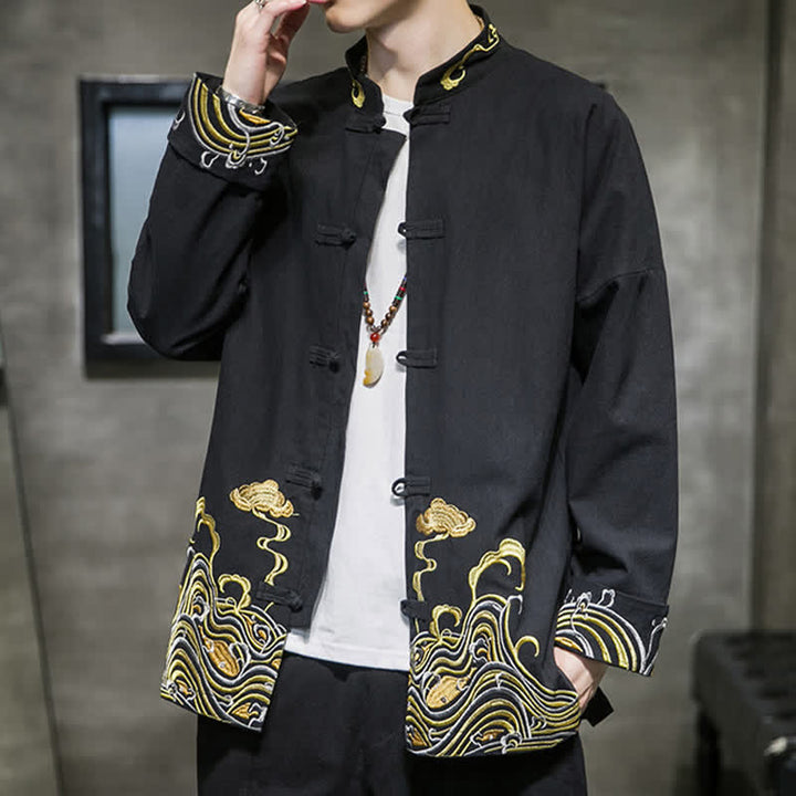 Buddha Stones Fall Winter Tang Style Vintage Frog Button Embroidery Clouds Pattern Cotton Men's Jacket - image 15