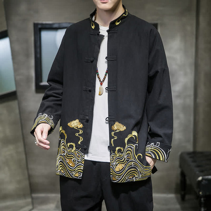 Buddha Stones Fall Winter Tang Style Vintage Frog Button Embroidery Clouds Pattern Cotton Men's Jacket - Black - US/UK/AU46，EU56 (5XL) - image 9
