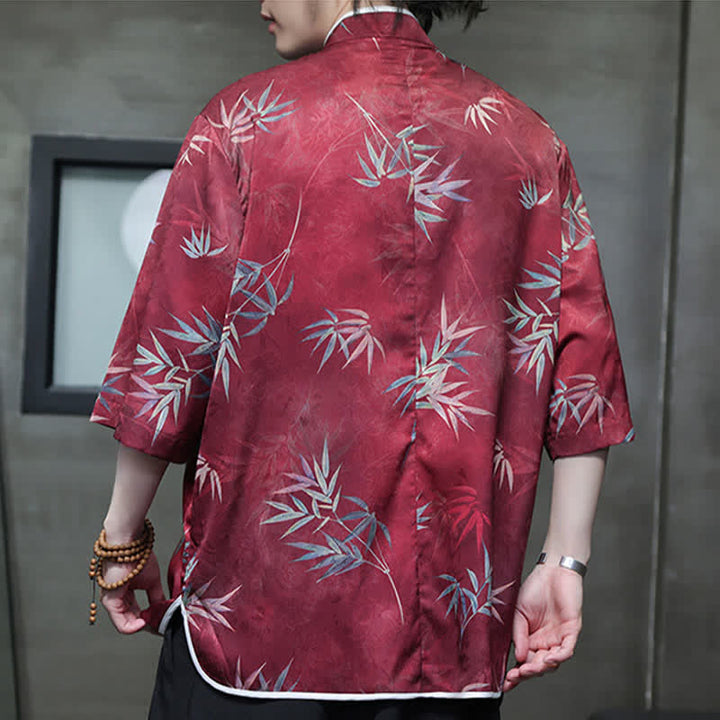 Buddha Stones Spring Summer Vintage Tang Style Mandarin Collar Bamboo Print Men's Elbow-Length Sleeve Shirts - image 4