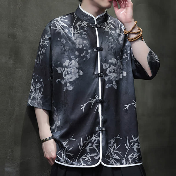 Buddha Stones Spring Summer Vintage Tang Style Mandarin Collar Bamboo Print Men's Elbow-Length Sleeve Shirts - image 12