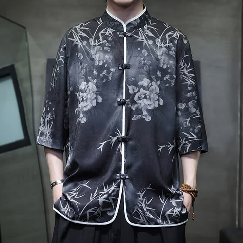 Buddha Stones Spring Summer Vintage Tang Style Mandarin Collar Bamboo Print Men's Elbow-Length Sleeve Shirts - image 15