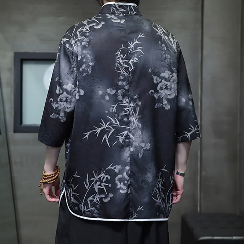 Buddha Stones Spring Summer Vintage Tang Style Mandarin Collar Bamboo Print Men's Elbow-Length Sleeve Shirts - image 14