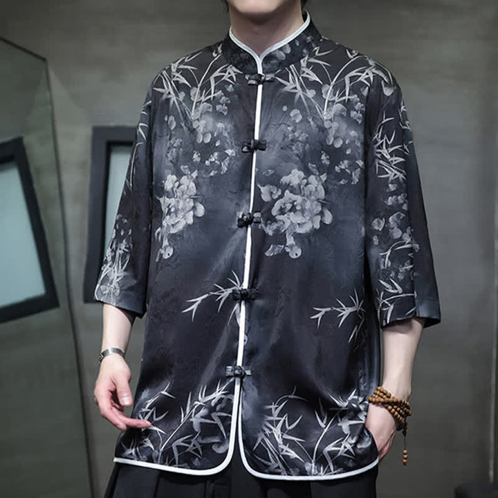 Buddha Stones Spring Summer Vintage Tang Style Mandarin Collar Bamboo Print Men's Elbow-Length Sleeve Shirts - image 11