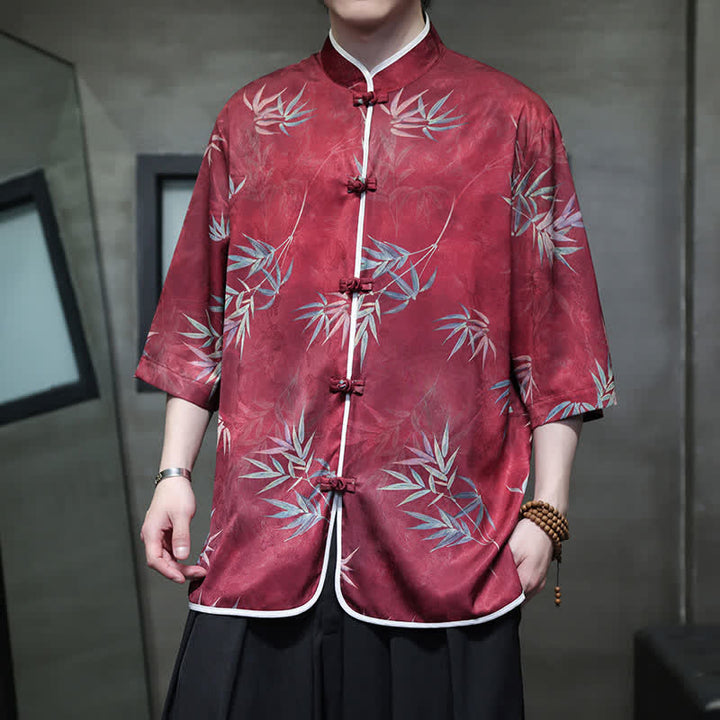Buddha Stones Spring Summer Vintage Tang Style Mandarin Collar Bamboo Print Men's Elbow-Length Sleeve Shirts - FireBrick - US/UK/AU46，EU56 (5XL) - image 0